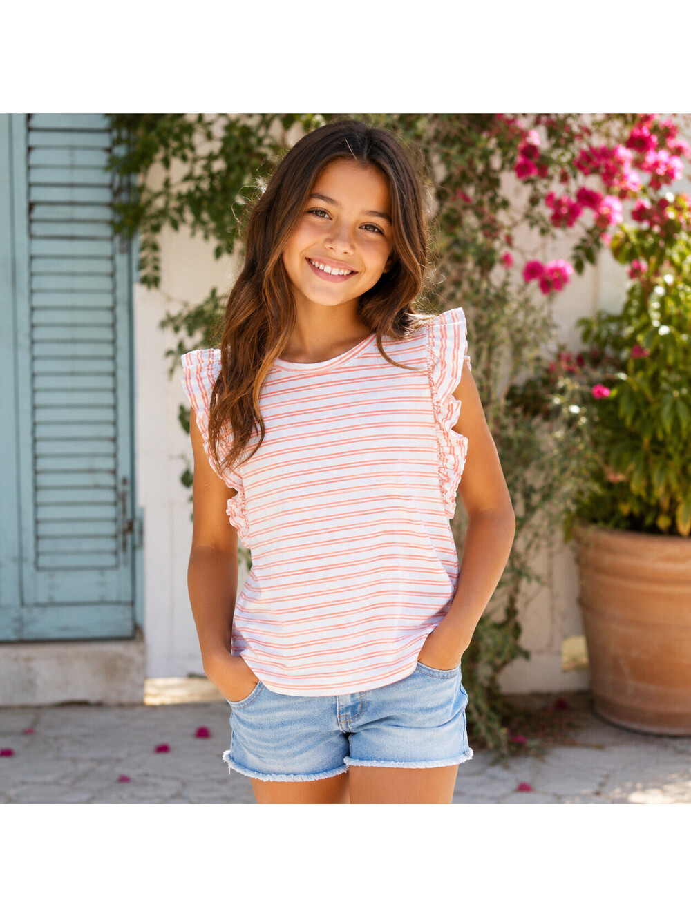 Joe's Girls Shirt Top Striped Orange & White Ruffle Sleeve Keyhole Back Size 10
